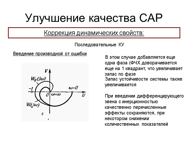 Улучшение качества САР Коррекция динамических свойств: Последовательные КУ Введение производной от ошибки В этом